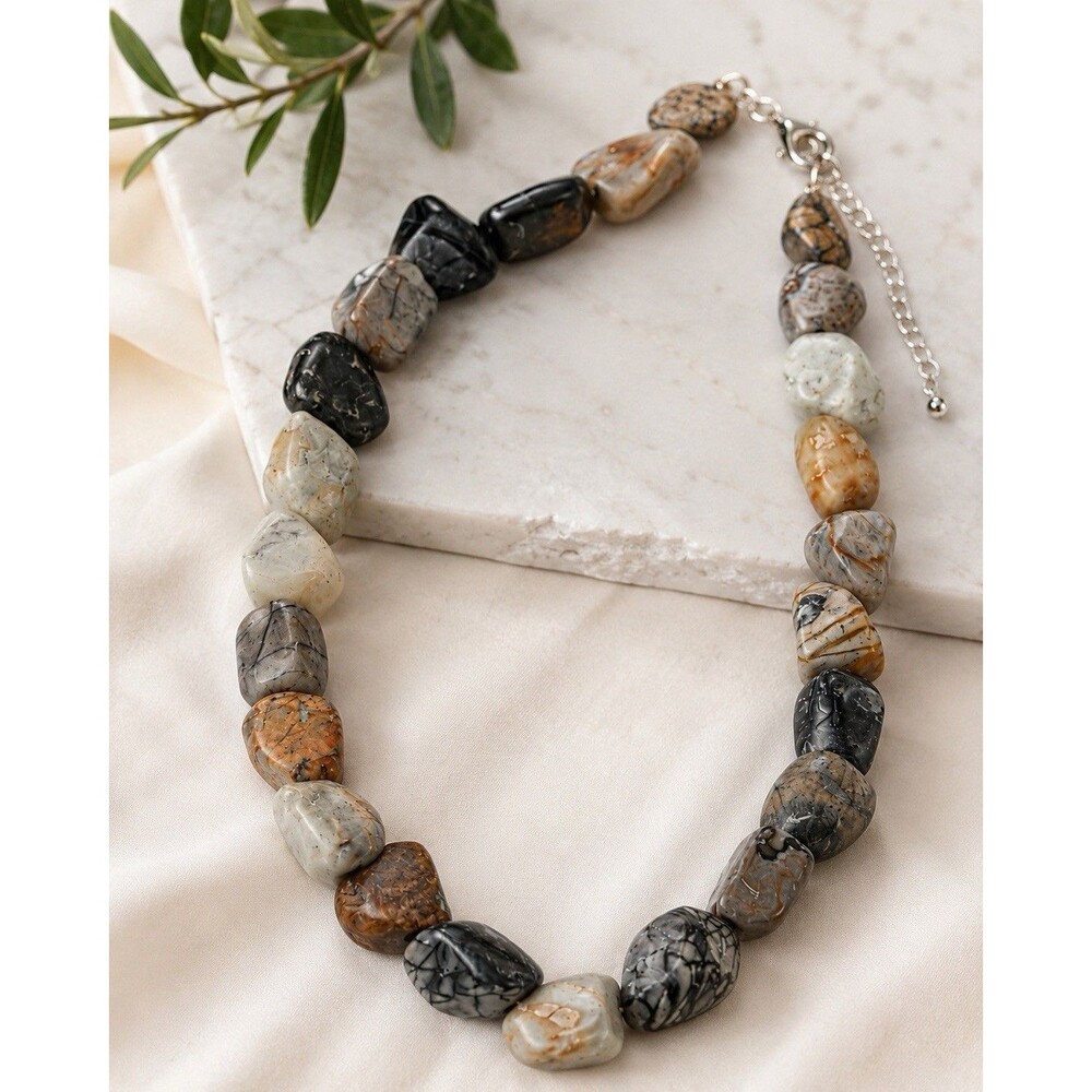 Vintage Picasso Jasper Style Natural Stone Nugget Necklace Gray Earth Tone 18-20
